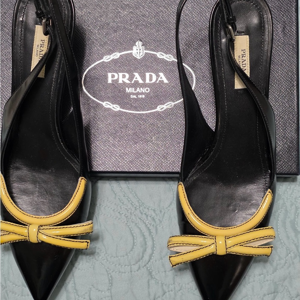 Prada Black and Yellow Bow Slingback Heels